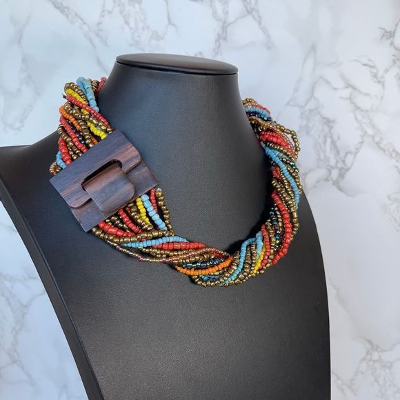 NWT About Color Multi strand beaded necklace boho tribal wood clasp - Picture 3 of 6